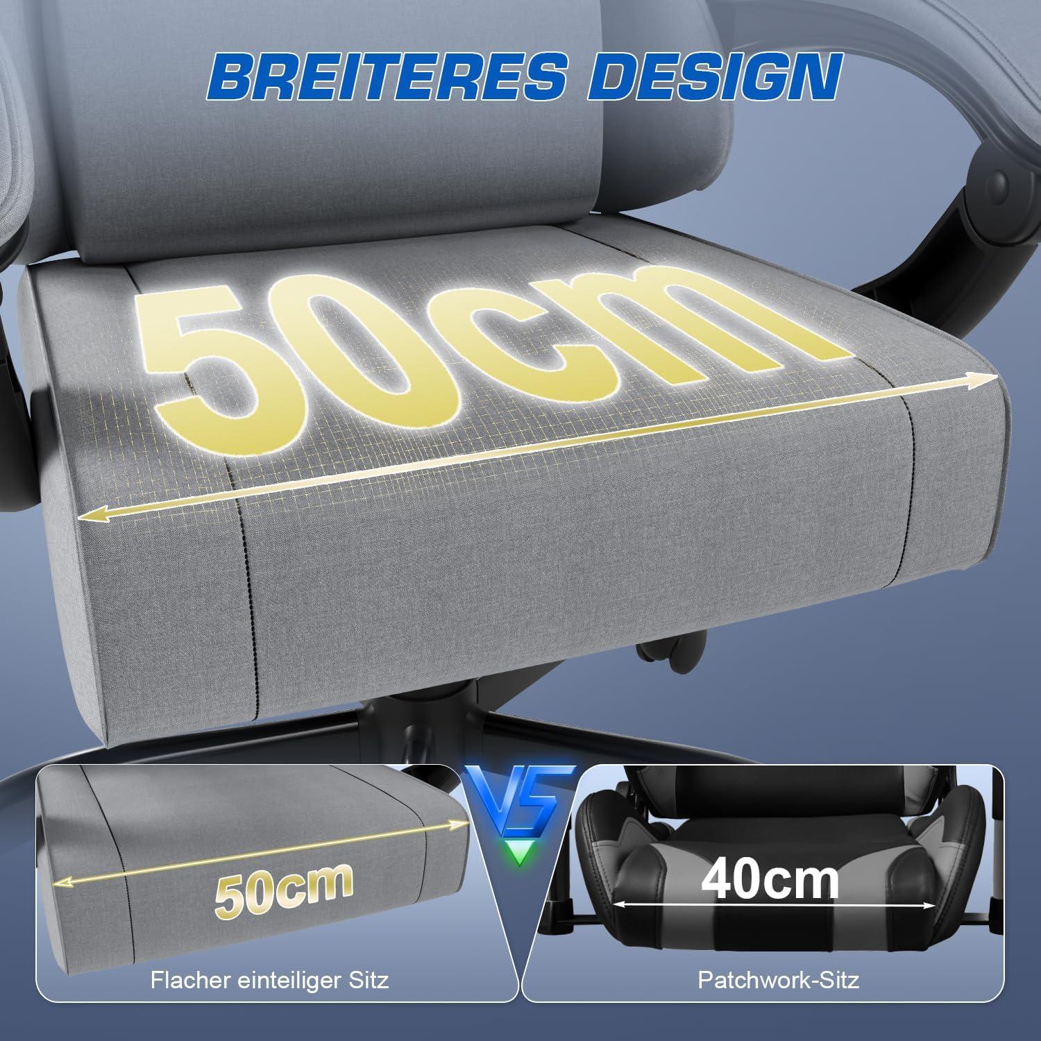 Ergonomischer Gaming Stuhl mit Massage und Fußstütze, 150kg Kapazität, Hellgrau