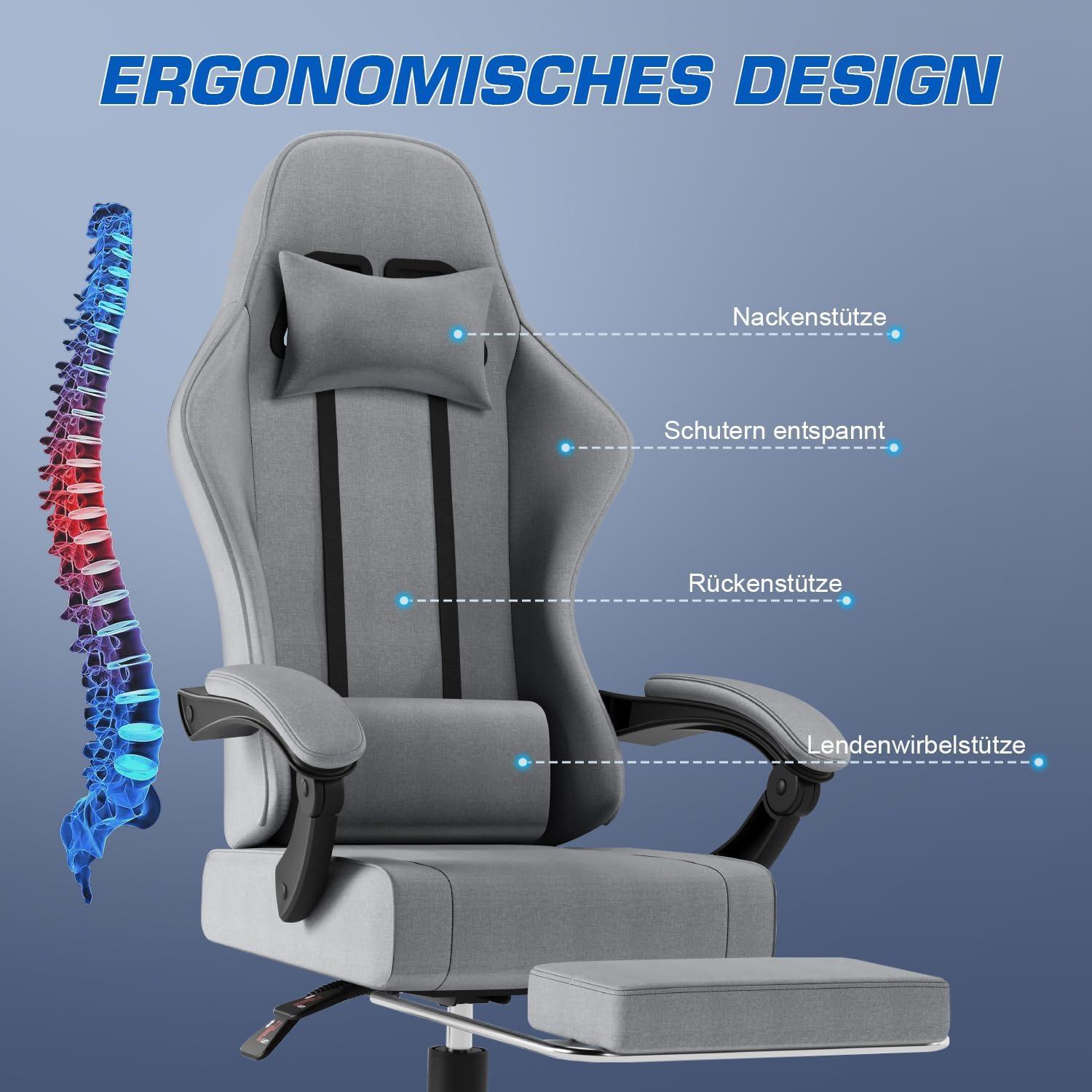 Ergonomischer Gaming Stuhl mit Massage und Fußstütze, 150kg Kapazität, Hellgrau