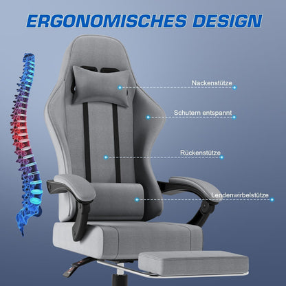 Ergonomischer Gaming Stuhl mit Massage und Fußstütze, 150kg Kapazität, Hellgrau