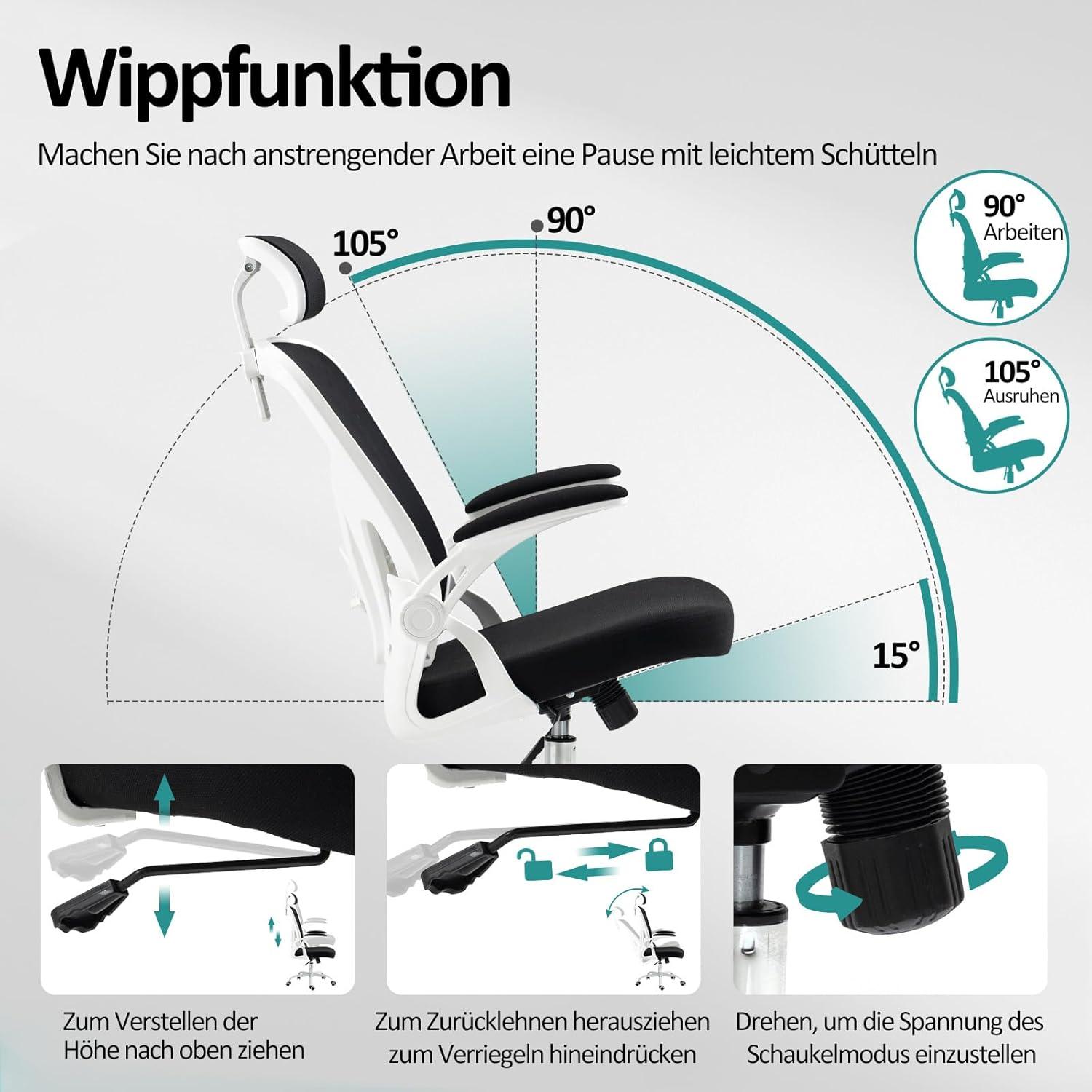 Ergonomischer Bürostuhl mit Verstellbarer Kopfstütze Lendenstütze Flip-Up Armlehne
