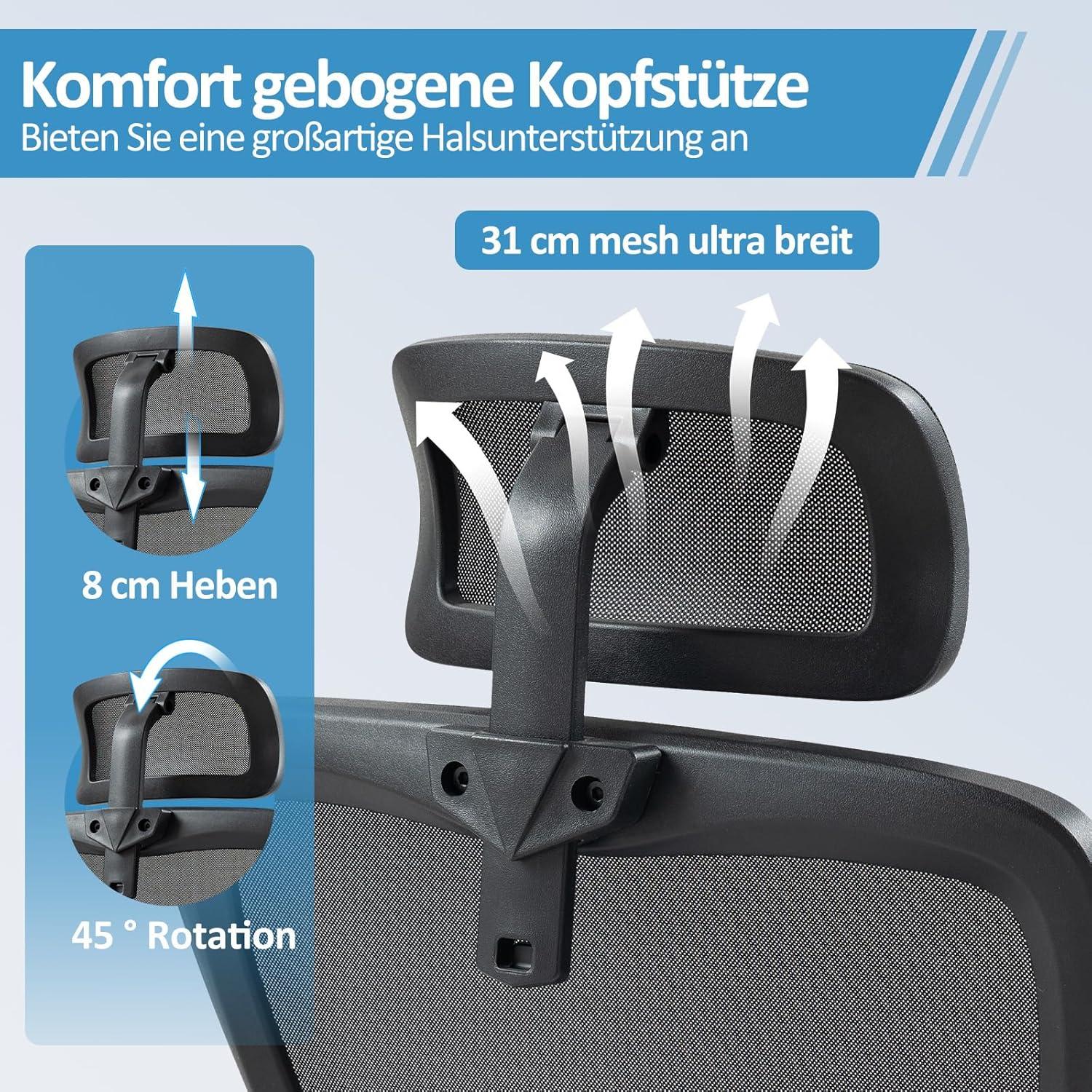 Ergonomischer Bürostuhl mit Lordosenstütze, verstellbarer Kopfstütze, Armlehnen - atmungsaktives Mesh