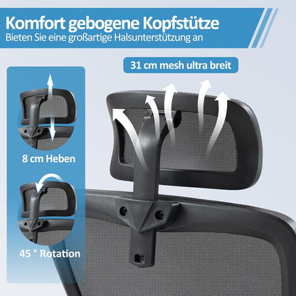 Ergonomischer Bürostuhl mit Lordosenstütze, verstellbarer Kopfstütze, Armlehnen - atmungsaktives Mesh