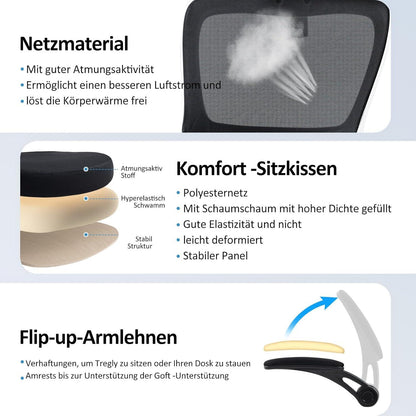 Ergonomischer Bürostuhl mit gefederter Lordosenstütze und verstellbarer