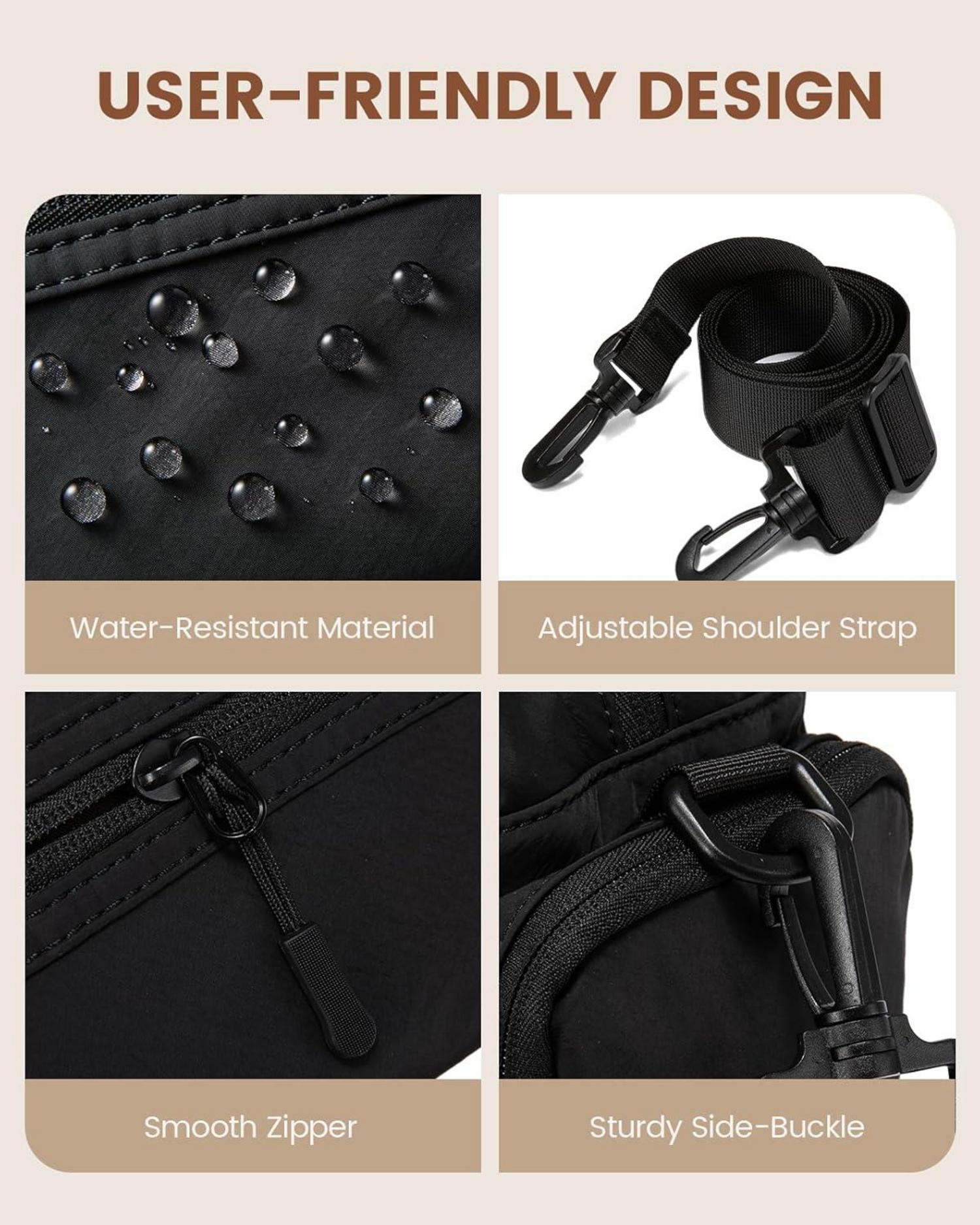 Schwarze Umhängetasche Damen | Leichte Schultertasche mit Fächern