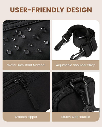 Schwarze Umhängetasche Damen | Leichte Schultertasche mit Fächern