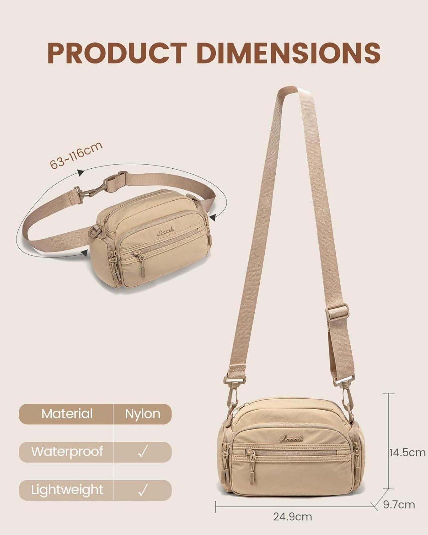Leichte Umhängetasche Damen mit vielen Fächern, Khaki