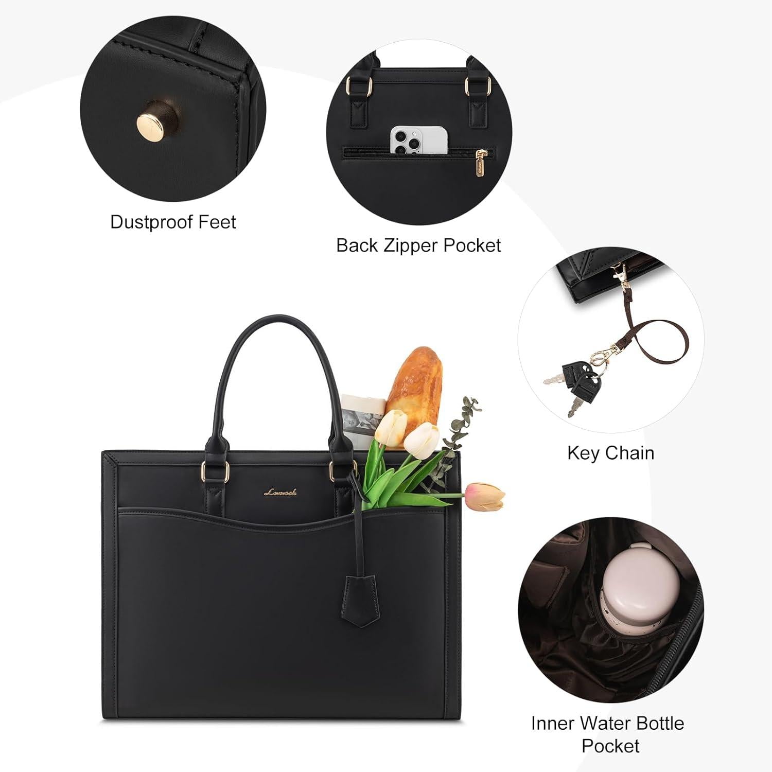 LOVEVOOK Laptoptasche 17 Zoll Schwarz Damen Groß Leder Handtasche