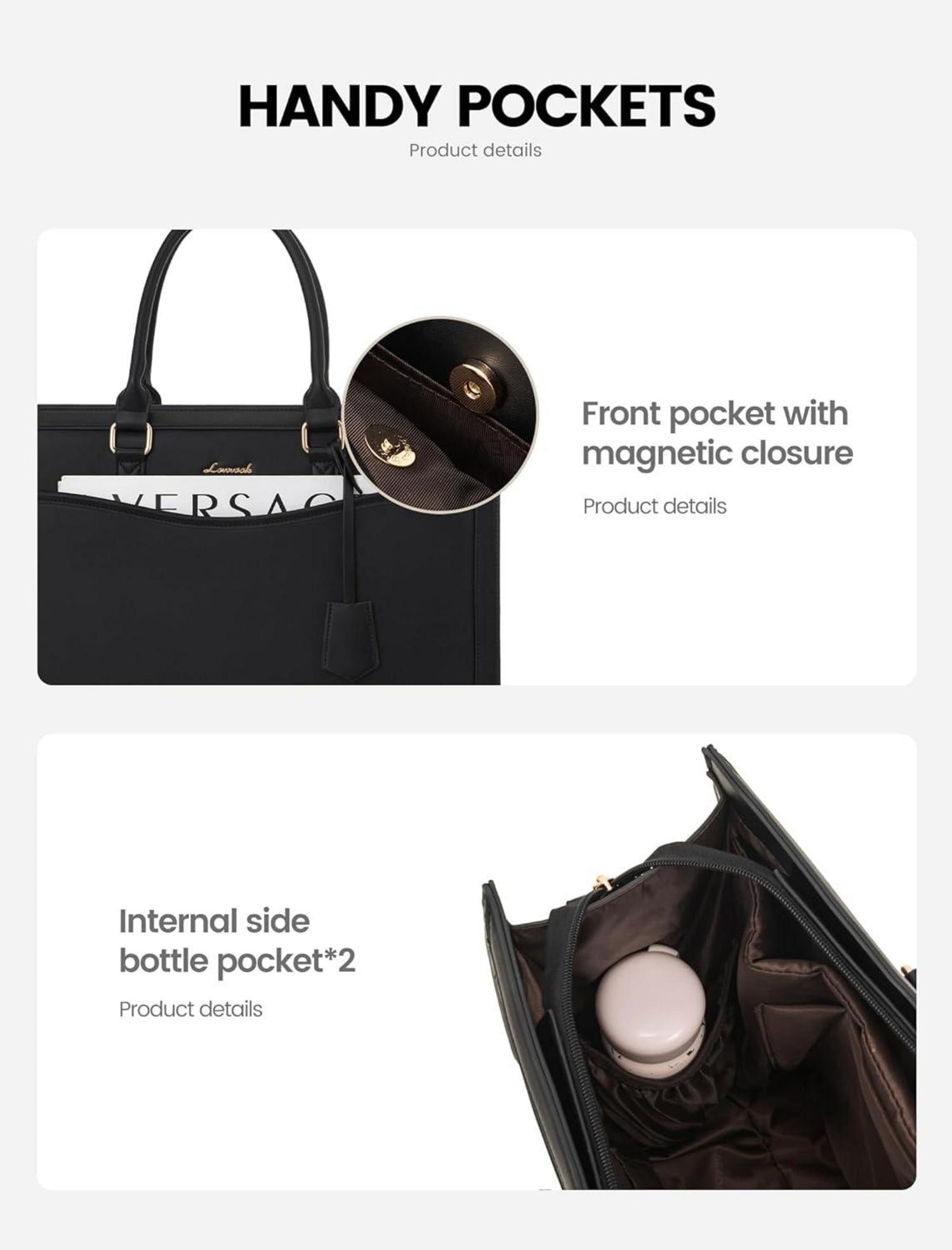 Laptoptasche 17 Zoll Schwarz Handtasche Damen Groß Shopper Leder Tote