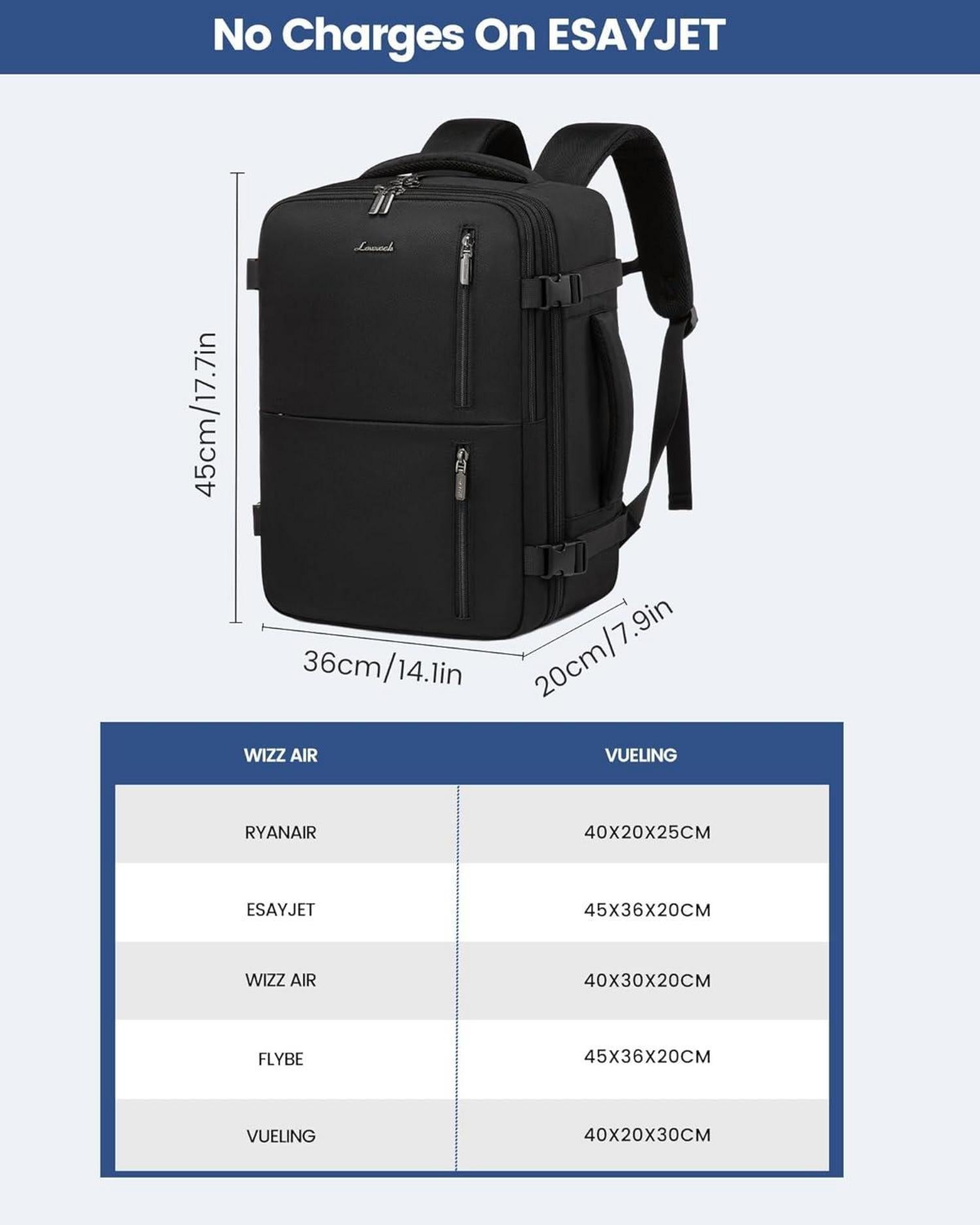 LOVEVOOK Handgepäck Rucksack 45x36x20 Flugzeug Reiserucksack USB 32L Schwarz