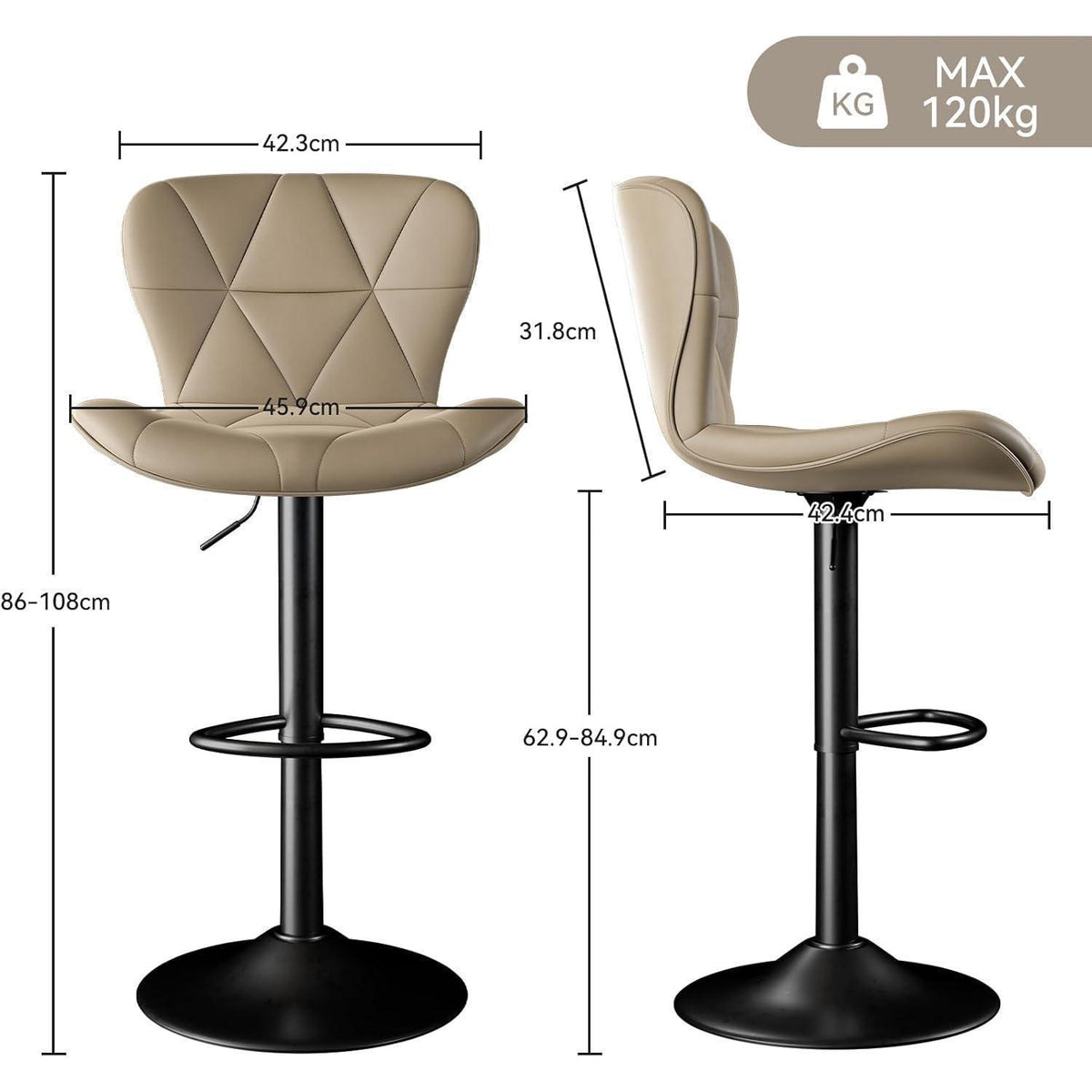 Barhocker 4er Set Khaki, höhenverstellbar mit Rückenlehne