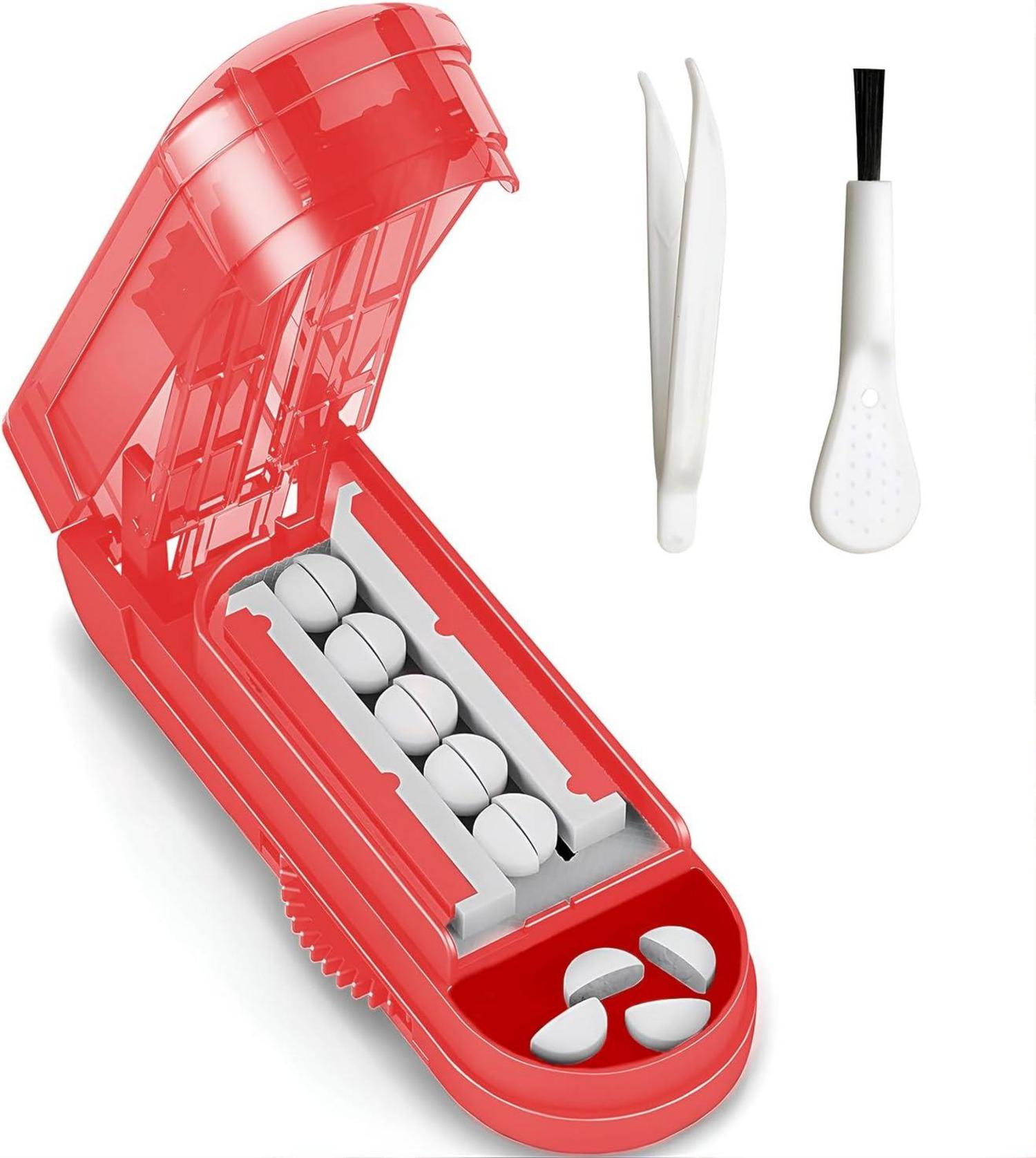 Tabletten Teiler Pillenschneider mit Pinsel & Pinzette Rosa