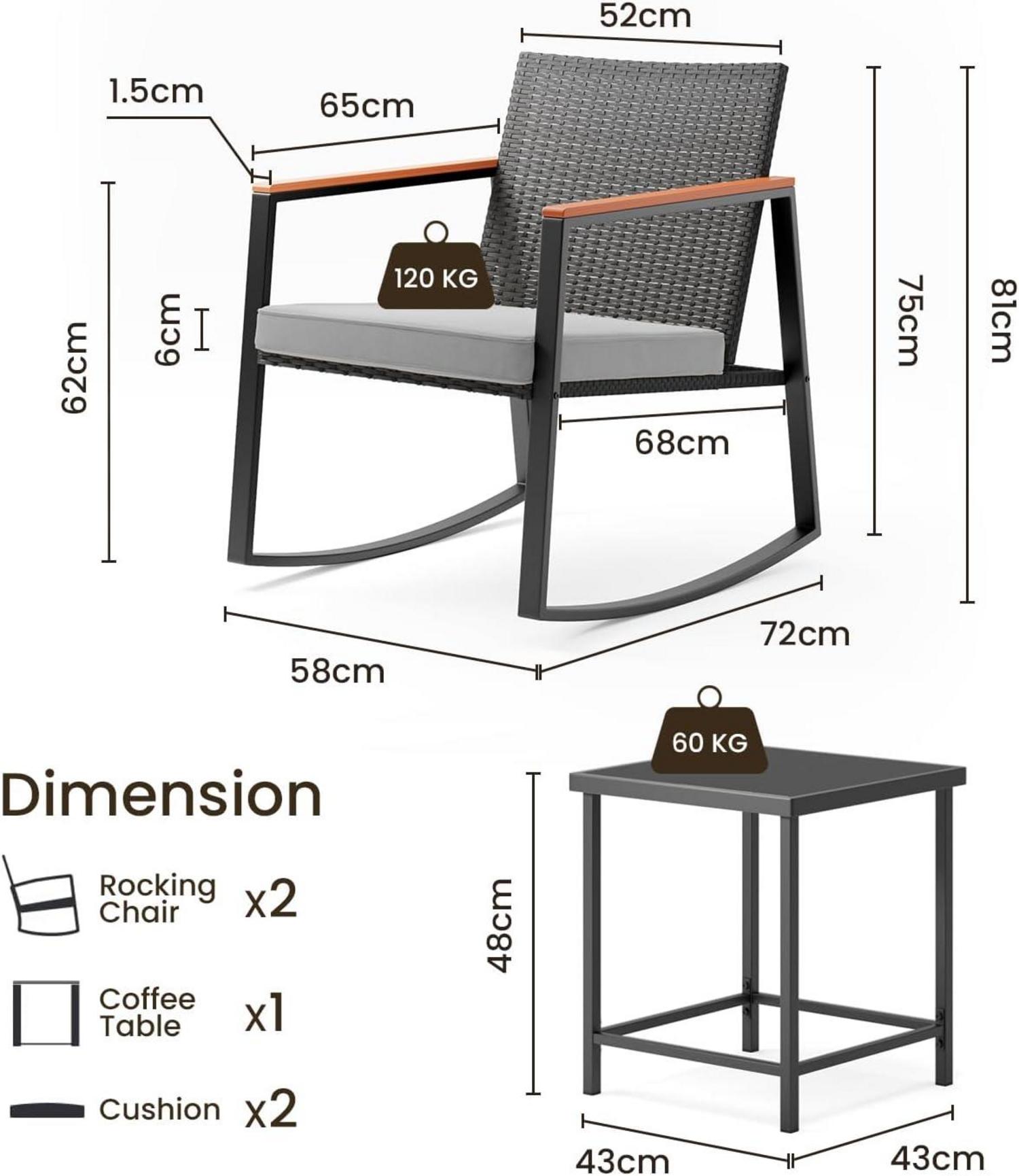 3-teiliges Rattan-Gartenmöbel-Set für Balkon und Terrasse, grau