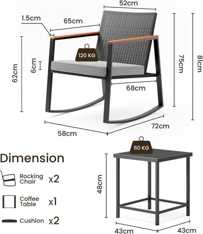 3-teiliges Rattan-Gartenmöbel-Set für Balkon und Terrasse, grau
