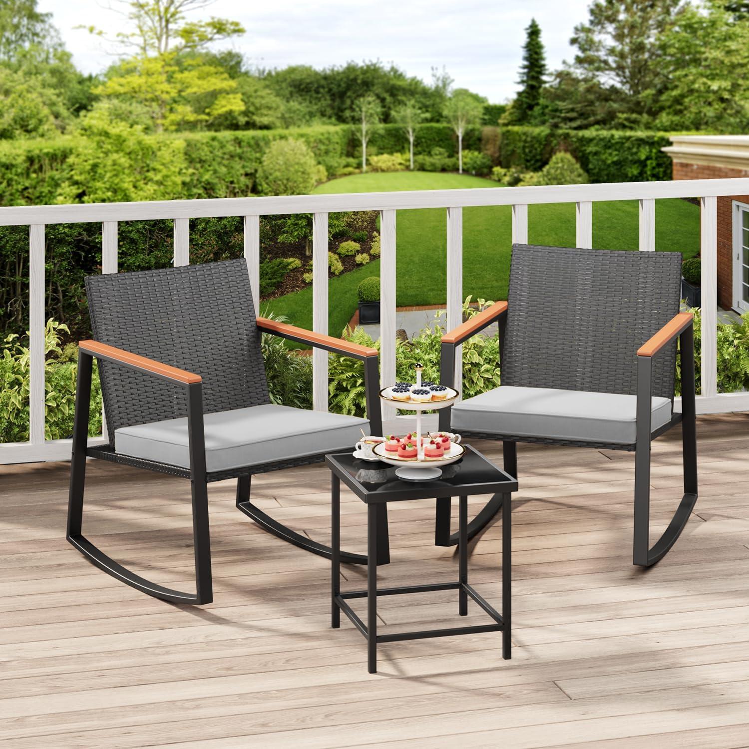 3-teiliges Rattan-Gartenmöbel-Set für Balkon und Terrasse, grau