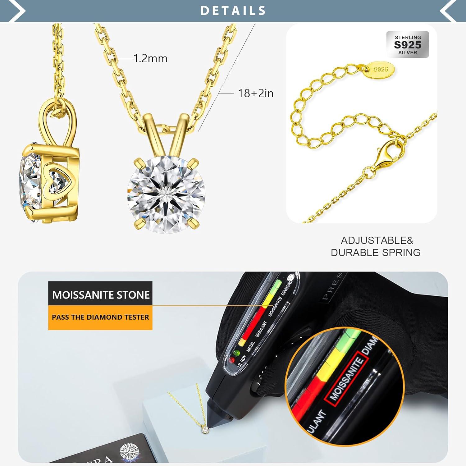 Damen Moissanite Solitär Anhänger Kette 1 Karat VVS1 D Gold 925 Silber