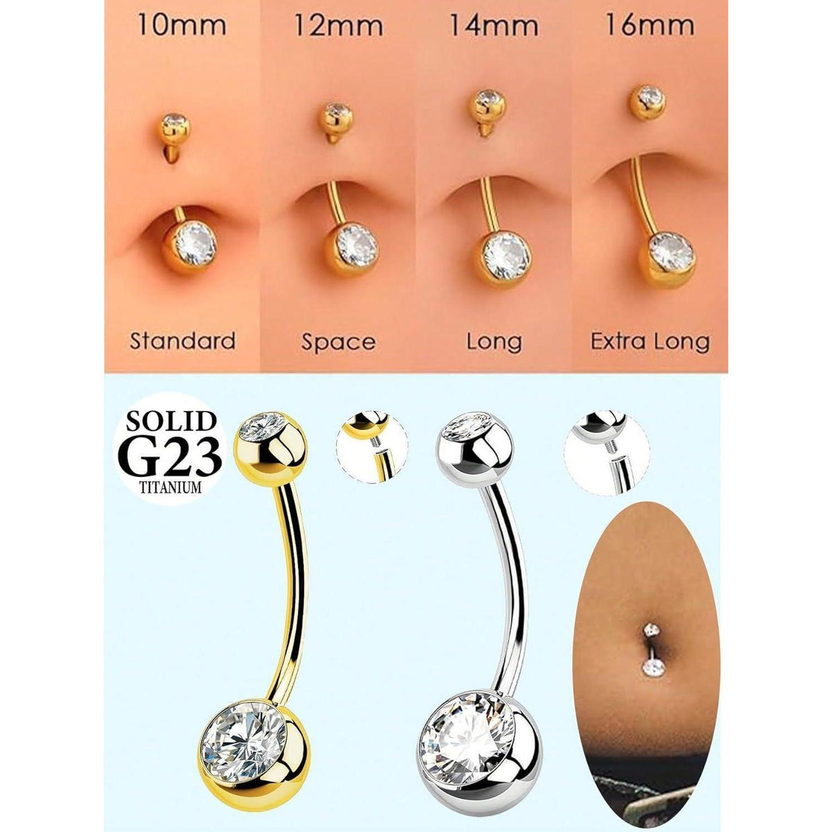 Bauchnabelpiercing Titan 14G mit Zirkonia, 6-14mm Länge