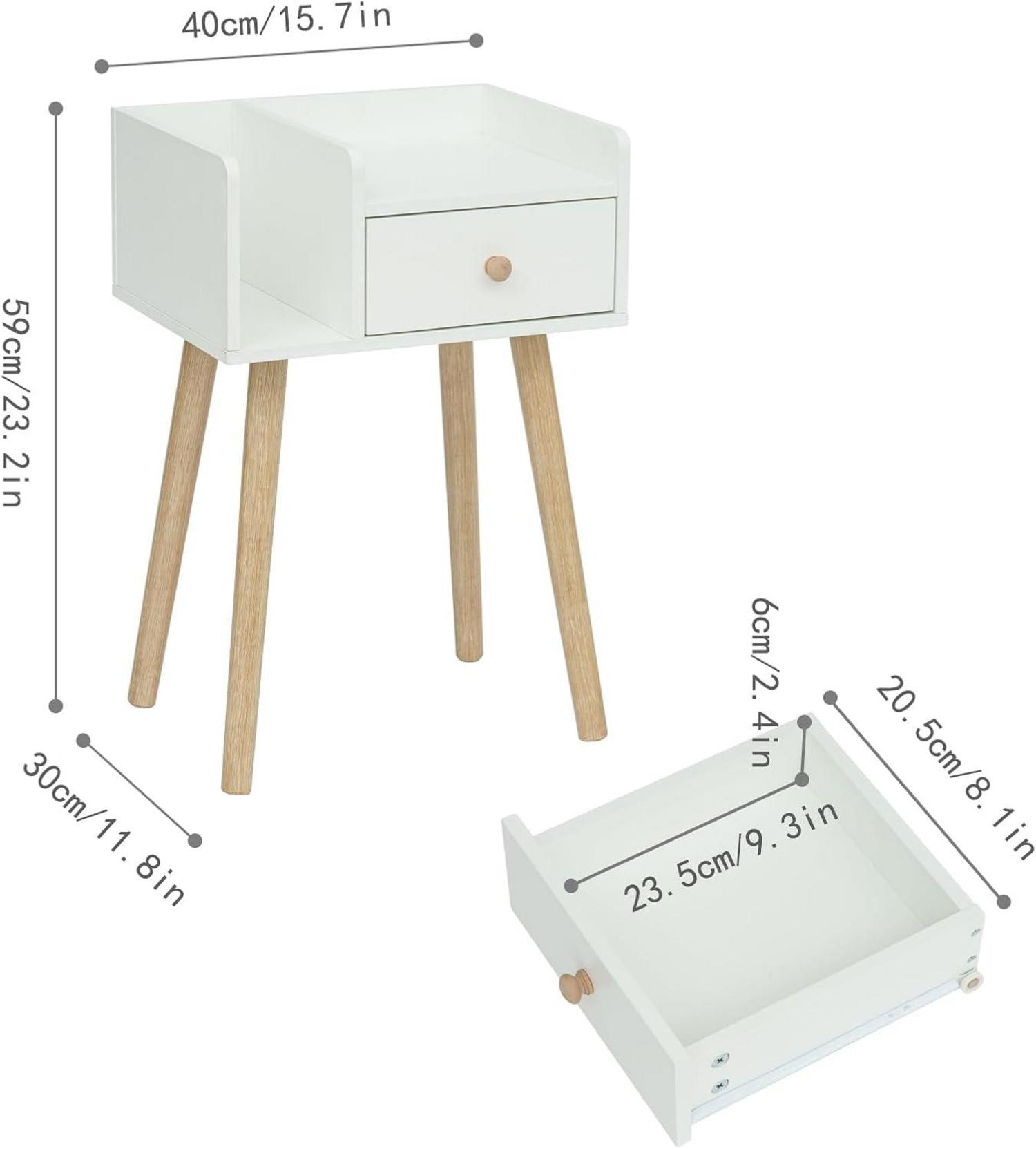 Weißer Nachttisch mit Schublade und offenem Regal 40x30x59 cm MDF
