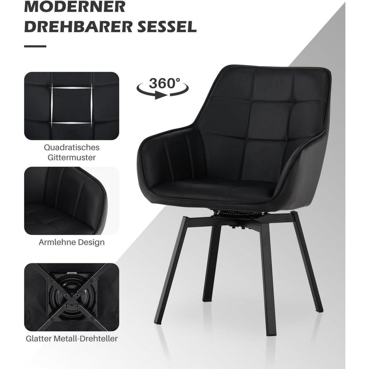 Drehbare Esszimmerstühle Set 4x Kunstleder mit Armlehnen Schwarz