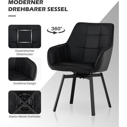 Drehbare Esszimmerstühle Set 4x Kunstleder mit Armlehnen Schwarz