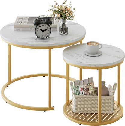 Runde Beistelltische Set aus Metallrahmen, Marmor-Dekor