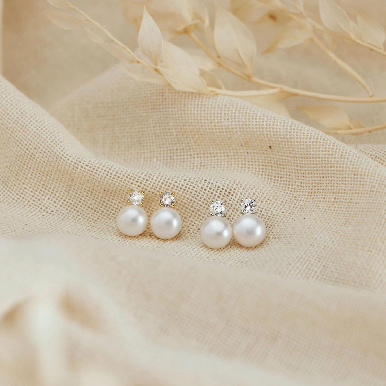 Perlen Ohrringe Silber 925 Stecker Damen Weiße Süßwasserperlen Wasserfest Hypoallergene Modeschmuck für Frauen Mädchen 6mm