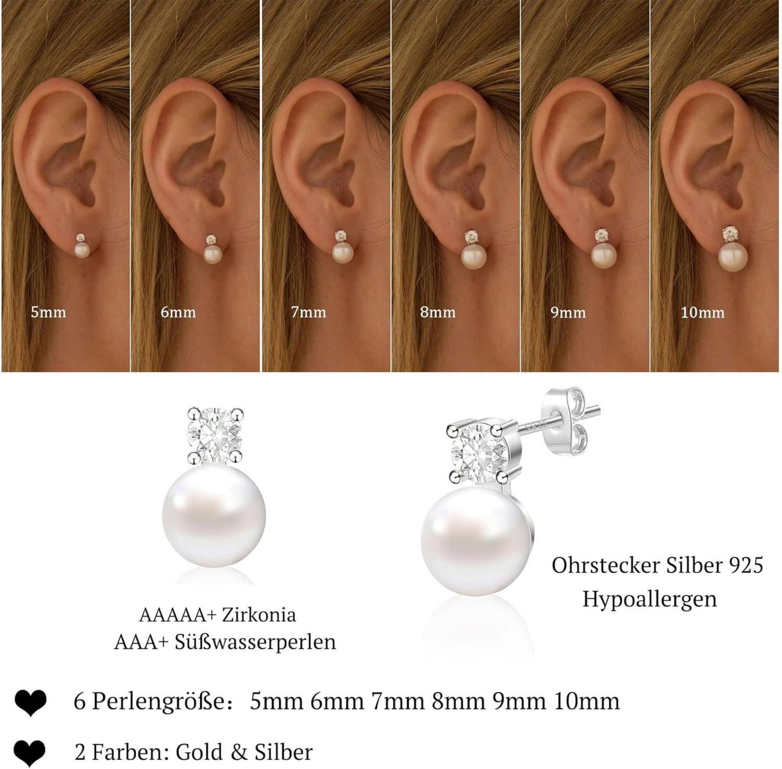 FUNEIA Perlen Ohrringe Silber 925 Damen Weiße Süßwasserperlen Ohrstecker 10mm