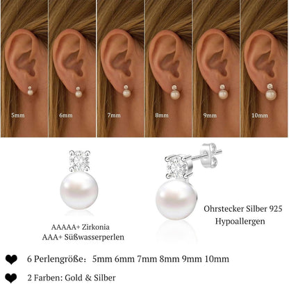 FUNEIA Perlen Ohrringe Silber 925 Damen Weiße Süßwasserperlen Ohrstecker 10mm