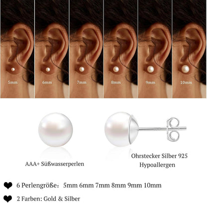 Perlen Ohrringe Silber 925 Damen Weiße Süßwasserperlen Ohrstecker Gold 10mm