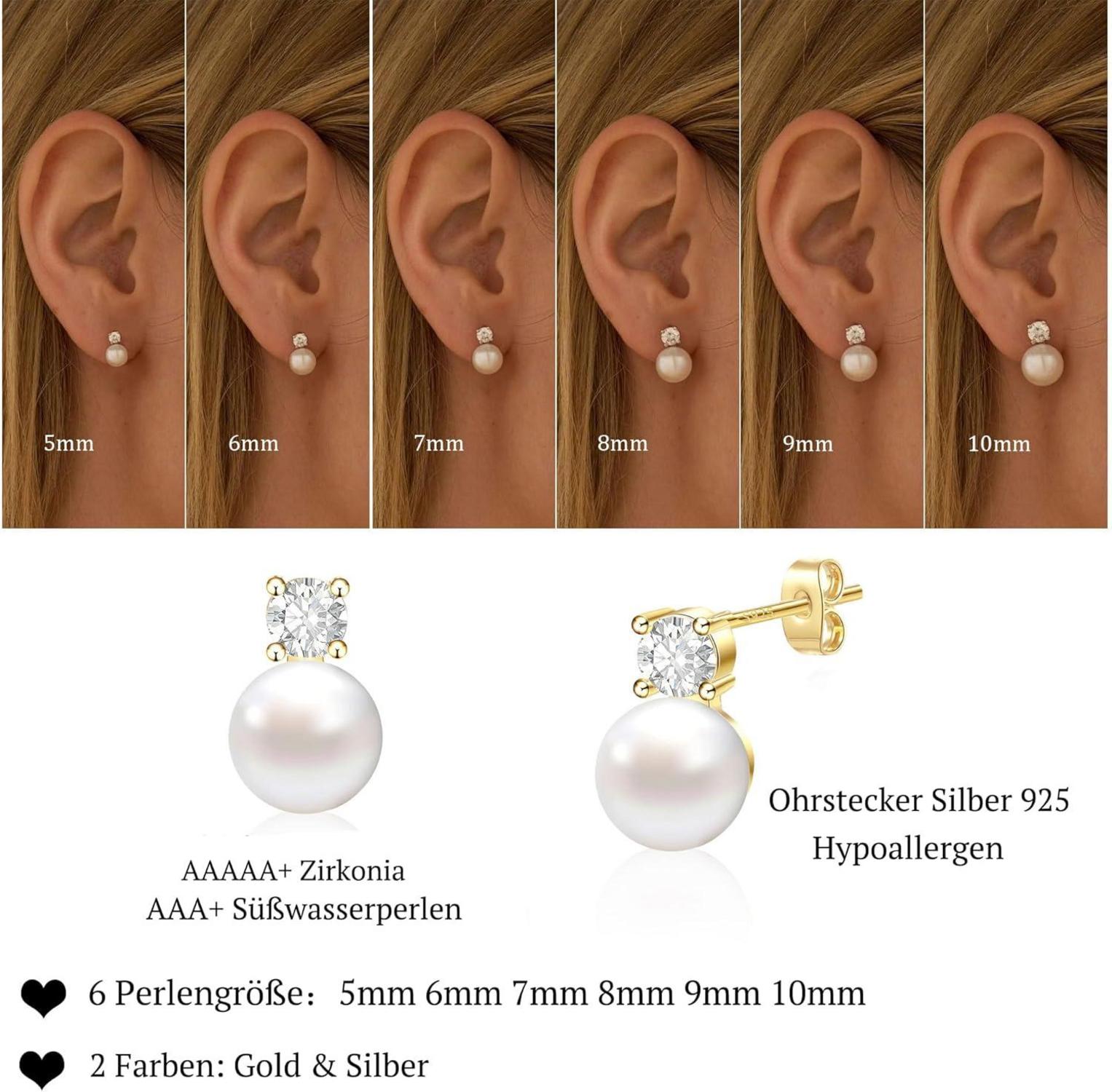 Perlen Ohrringe Silber 925 Weiße Süßwasserperlen Ohrstecker Gold 6mm