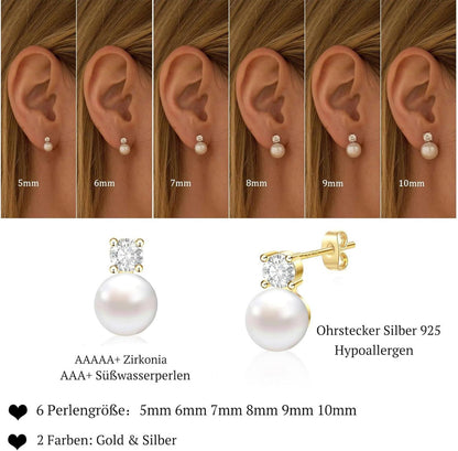 Perlen Ohrringe Silber 925 Weiße Süßwasserperlen Ohrstecker Gold 6mm