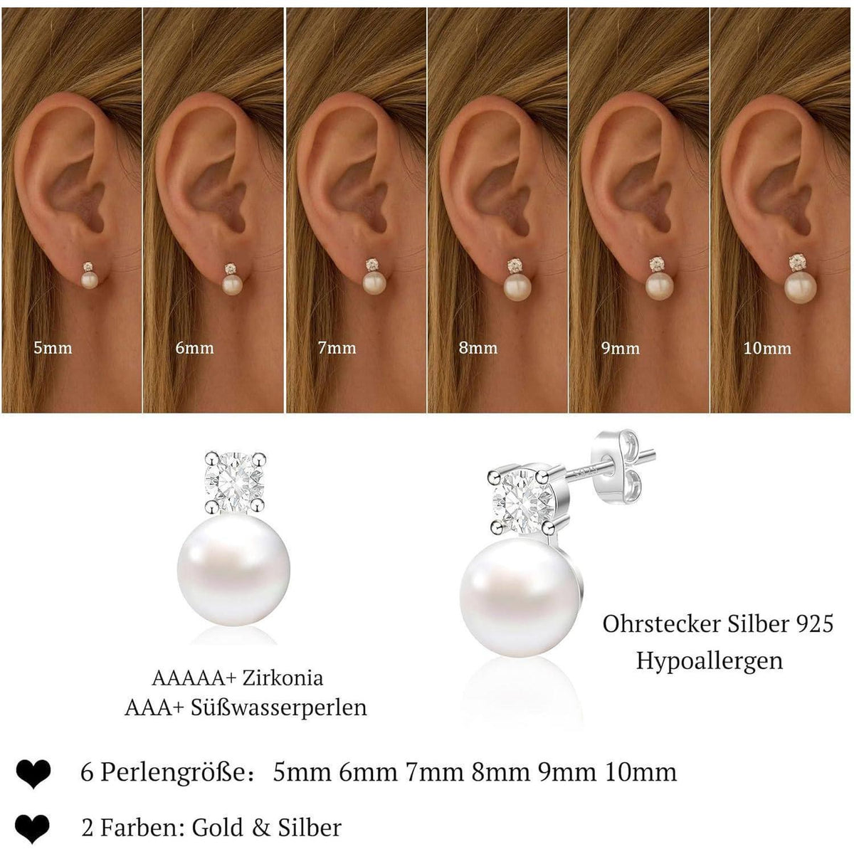 Perlen Ohrstecker 925 Silber Süßwasserperle Weiß Damen Gold/Silber