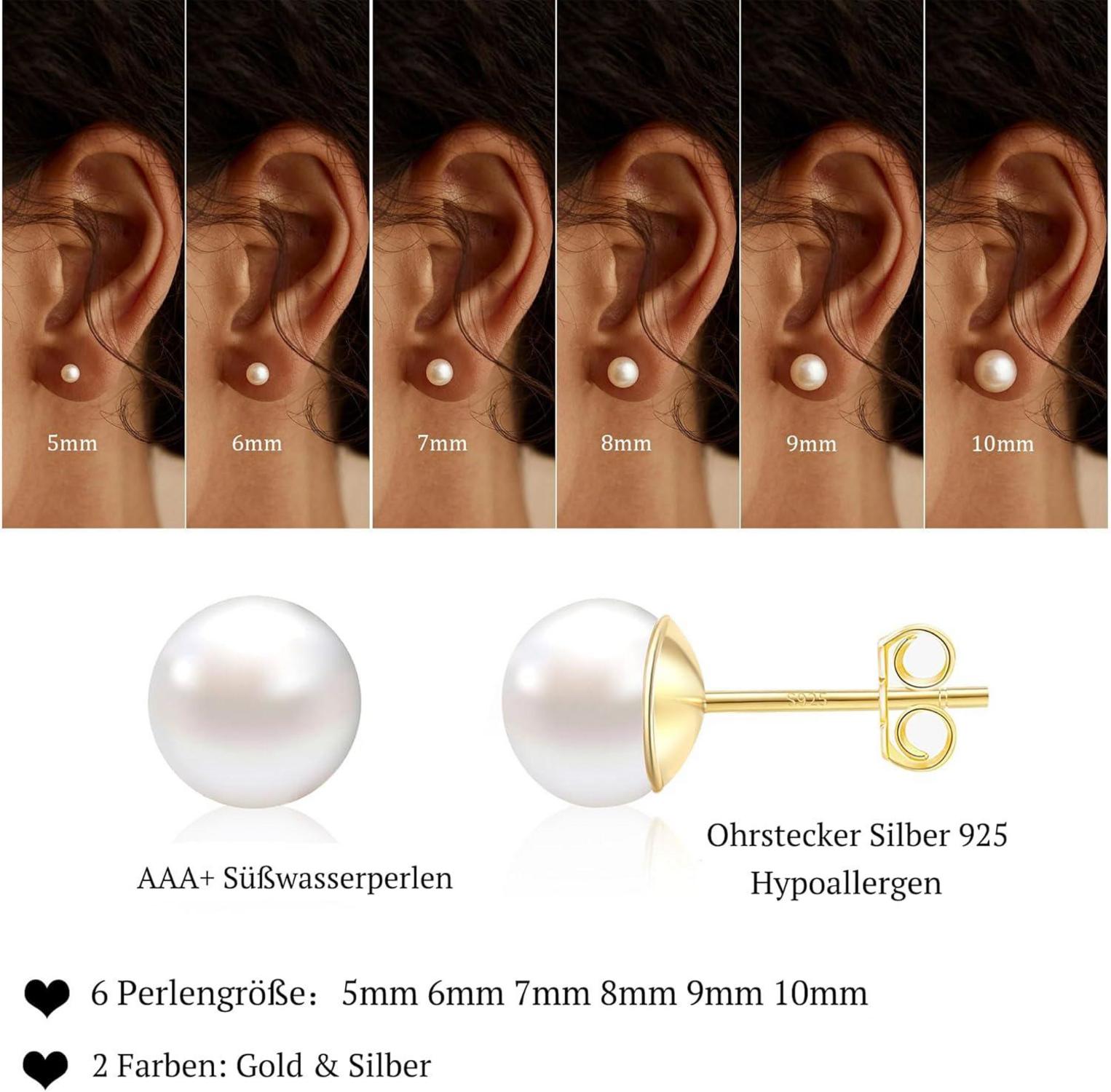 Perlen Ohrringe Damen 925 Silber Ohrstecker Weiße Süßwasserperlen A-Gold