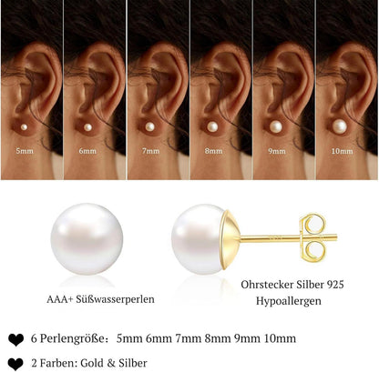 Perlen Ohrringe Damen 925 Silber Ohrstecker Weiße Süßwasserperlen A-Gold