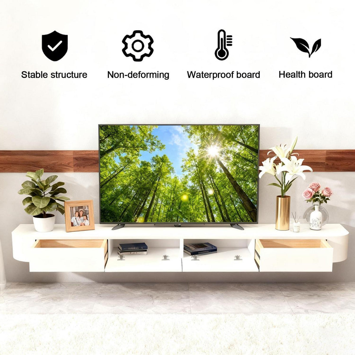Moderner TV Schrank Weiß 140cm | Hängendes Lowboard mit Schubladen