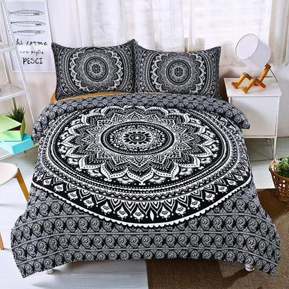 Boho Bettwäsche Set 135x200 Weiß Schwarz Blumen Mandala
