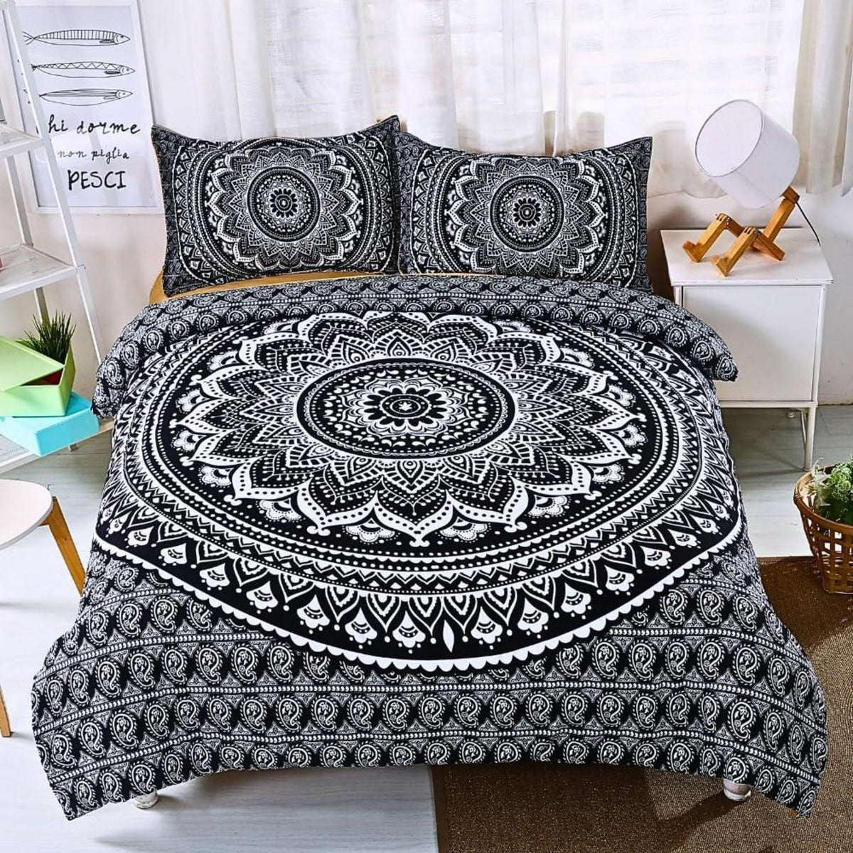 Boho Bettwäsche Set 135x200 Weiß Schwarz Blumen Mandala