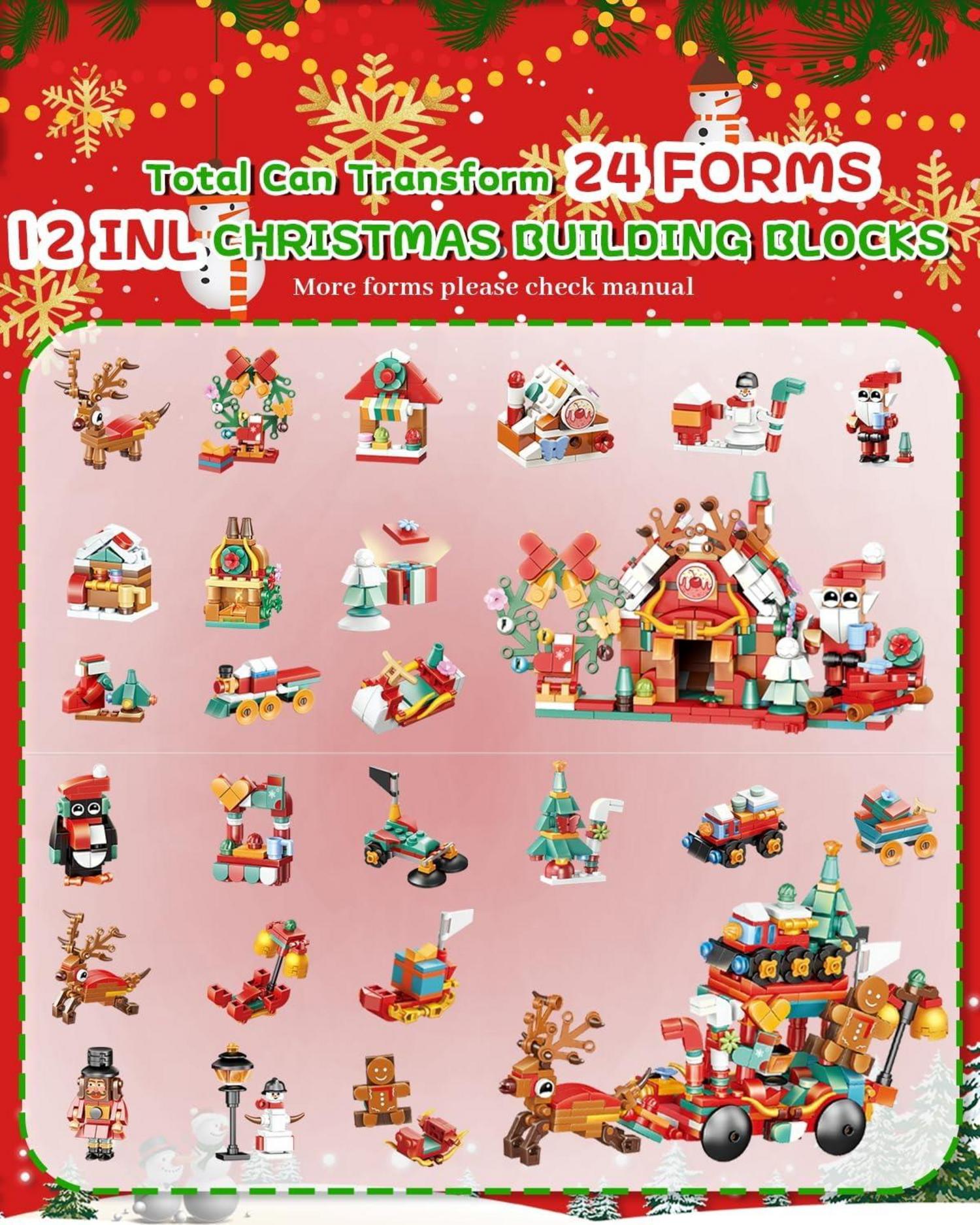 Adventskalender 2024 Kinder Bausteine Weihnachten 12 in 1, Bauklötze Geschenk Jungen Mädchen, Mini Blocks Rot