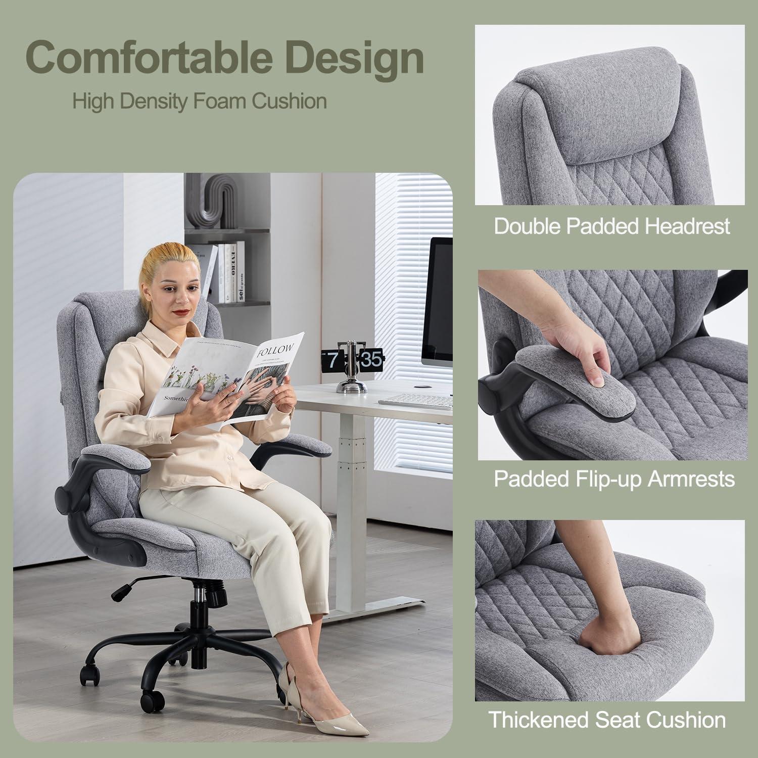 Ergonomischer Bürostuhl mit Neigungsfunktion, Armlehne, höhenverstellbar, Stoff Grau