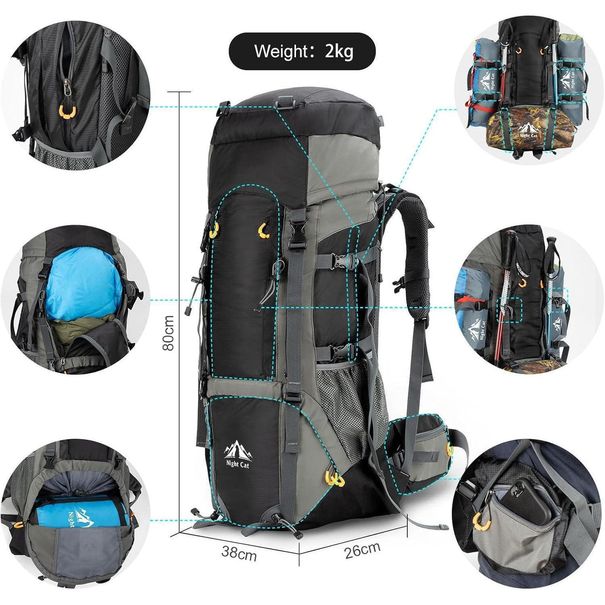 Wanderrucksack 70L atmungsaktiv für Trekking & Camping Schwarz