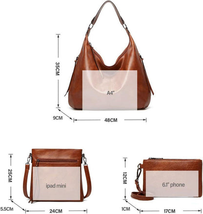 Damen Leder Handtaschen Set mit Geldbörse Shopper Hobo Umhängetasche