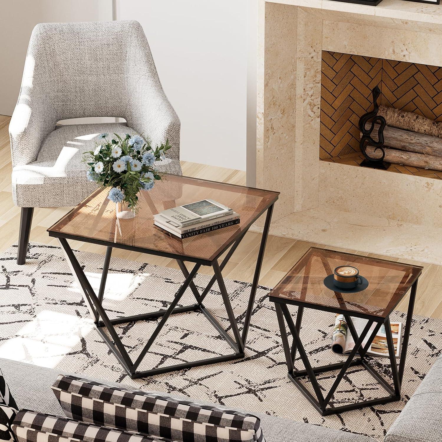 Quadratische Glas Couchtische 2er Set Beistelltisch modern