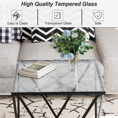 Glas Couchtisch 2er Set Quadratisch, Modernes Wohnzimmer Beistelltisch Transparentes Glas Home Office Sofatisch
