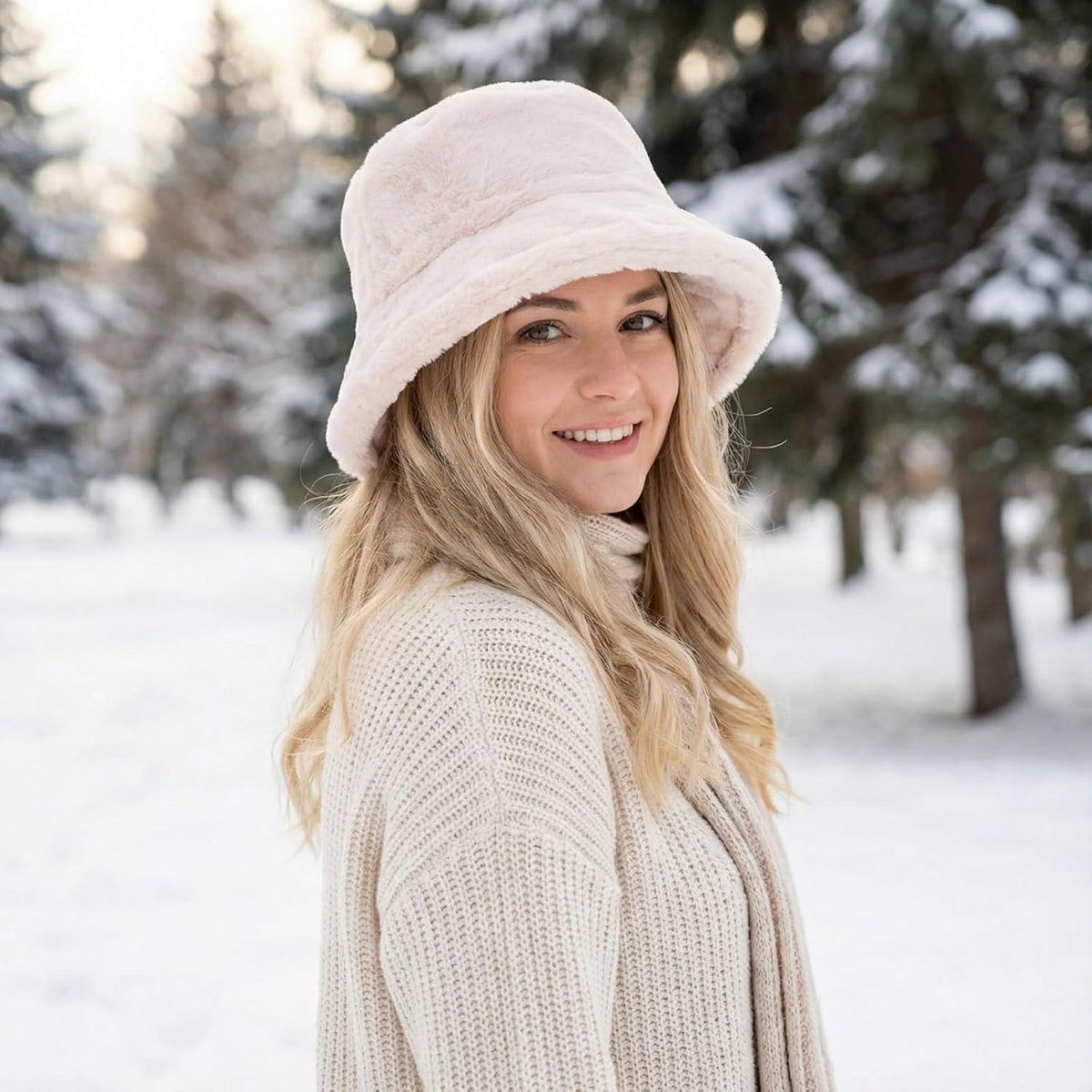 Flauschige Winter Fischerhut Damen Beige