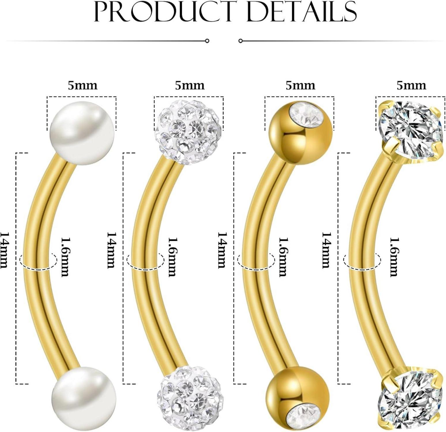 Bauchnabelpiercing Chirurgenstahl Gold Silver 4 Stück Perle CZ 14G