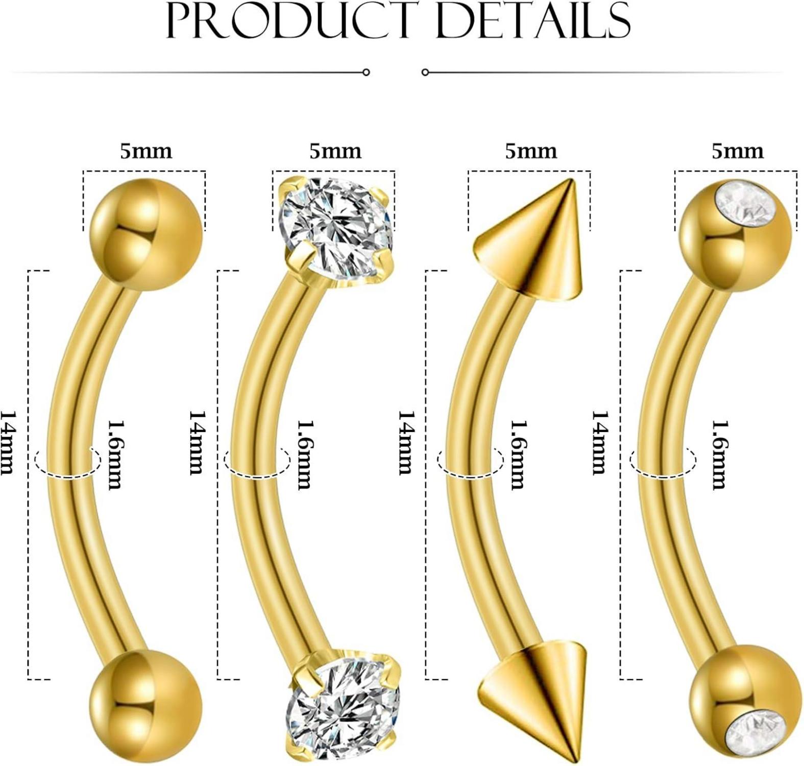 Bauchnabelpiercing Gold Silber Chirurgenstahl Perle CZ 4 Stück 14G