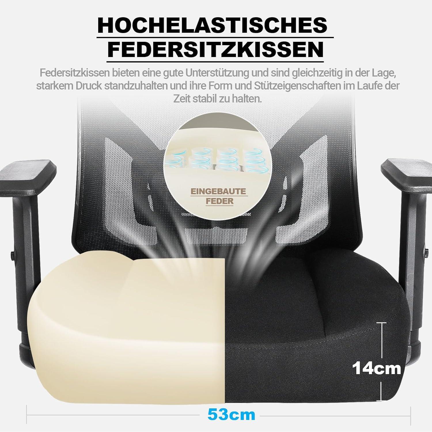 Bürostuhl 200KG XXL mit Federsitzkissen, Ergonomisch, Lendenwirbelstütze, Armlehnen