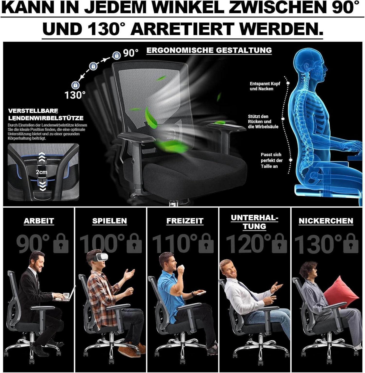 Bürostuhl 200KG XXL Ergonomisch Federsitzkissen Lendenwirbelstütze Armlehnen