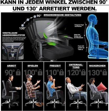 Bürostuhl 200KG XXL Ergonomisch Federsitzkissen Lendenwirbelstütze Armlehnen