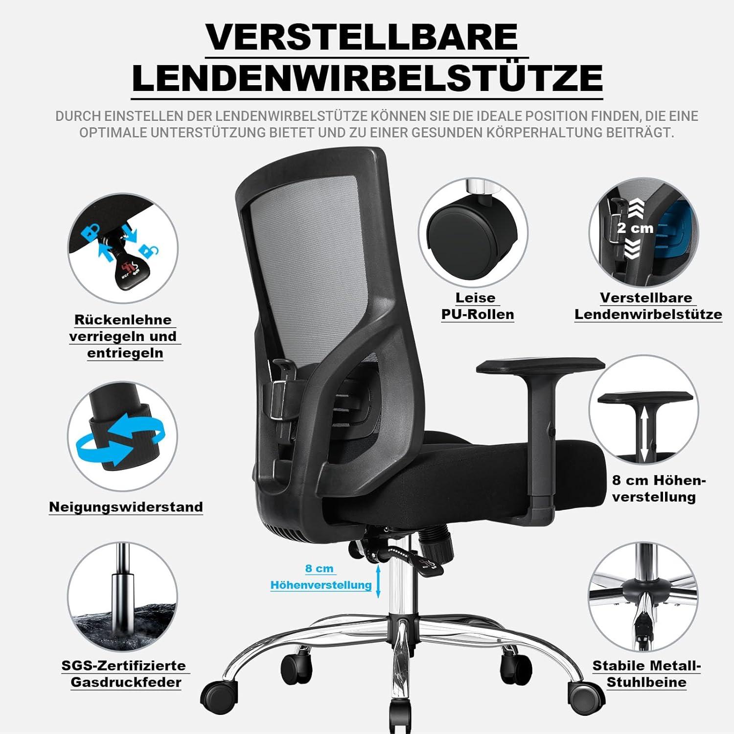 Bürostuhl 200KG XXL mit Federsitzkissen Lendenwirbelstütze Armlehnen