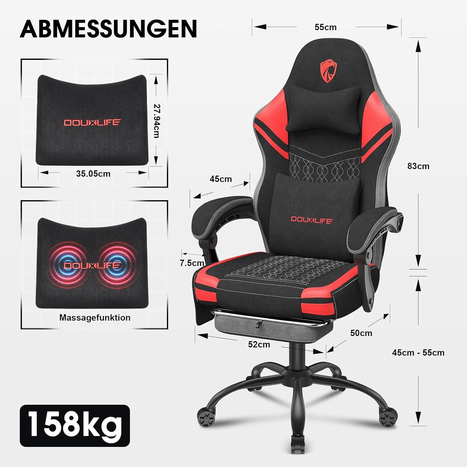 Gaming Stuhl mit Massage und Fußstütze, ergonomisch, 158 kg